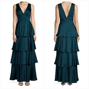 NWT Laundry by Shelli Segal Teal Black Tiered Flocked Dot Chiffon Gown